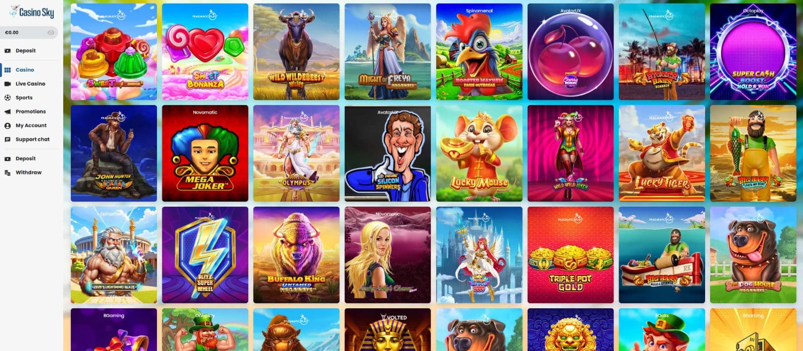 CasinoSky games page shows a selection of available slot games and the main menu to the left
