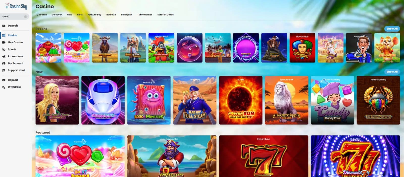 CasinoSky landing page showing a selection of games, the game categories and the main menu on the left side