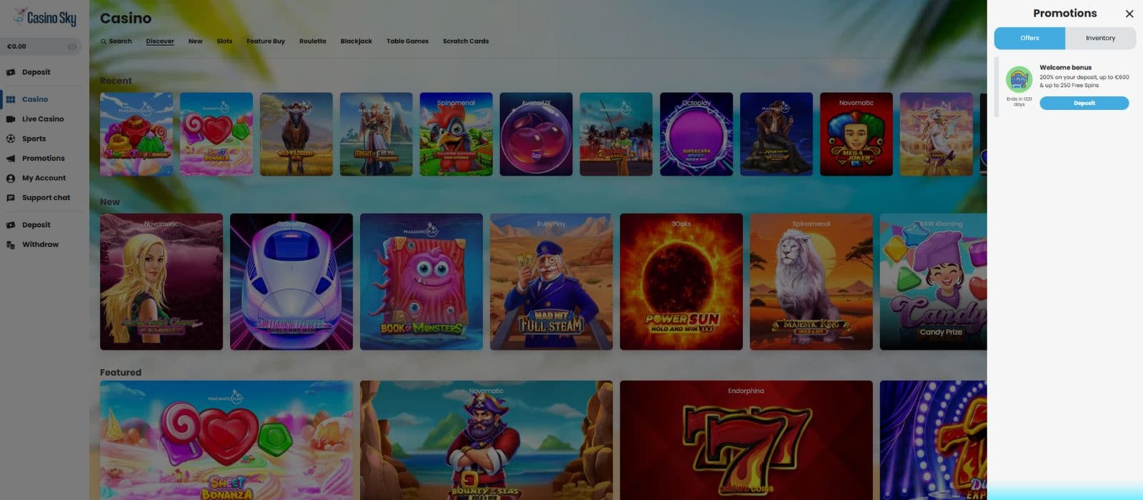CasinoSky Promotions page showing the tab with the available bonuses