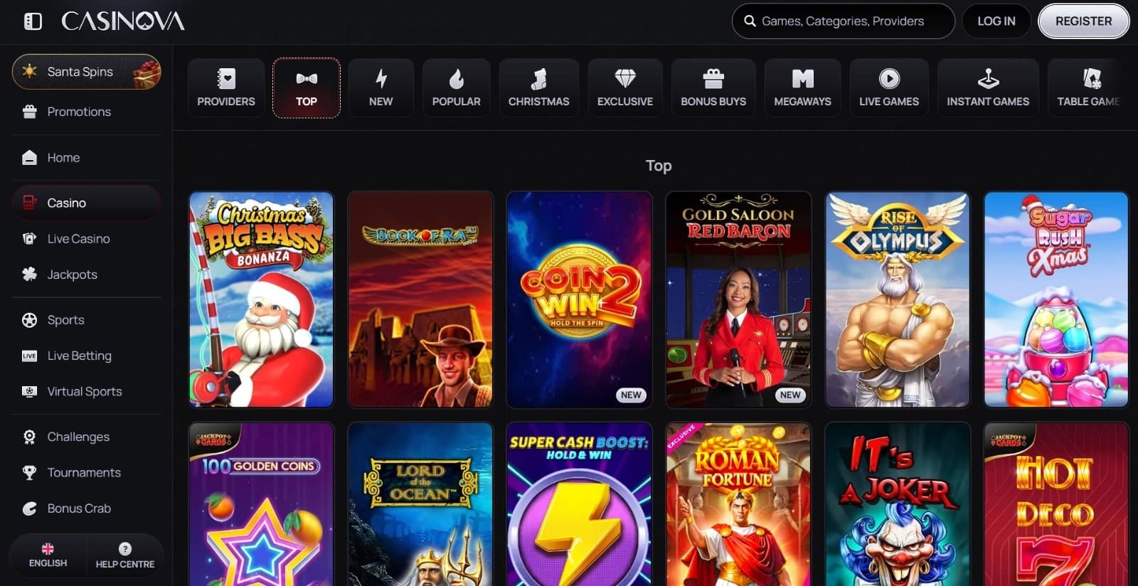 Casinova Casino games page with slot game icons for Big Bass Bonanza, Gold Saloon, Rise of Olympus, game categories and side navigation menus