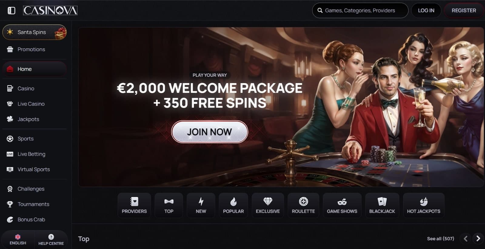 Casinova Casino's landing page featuring the welcome bonus of 2000 and 350 free spins offer banner illustrating a casino with players, side navigational menus and game categories below