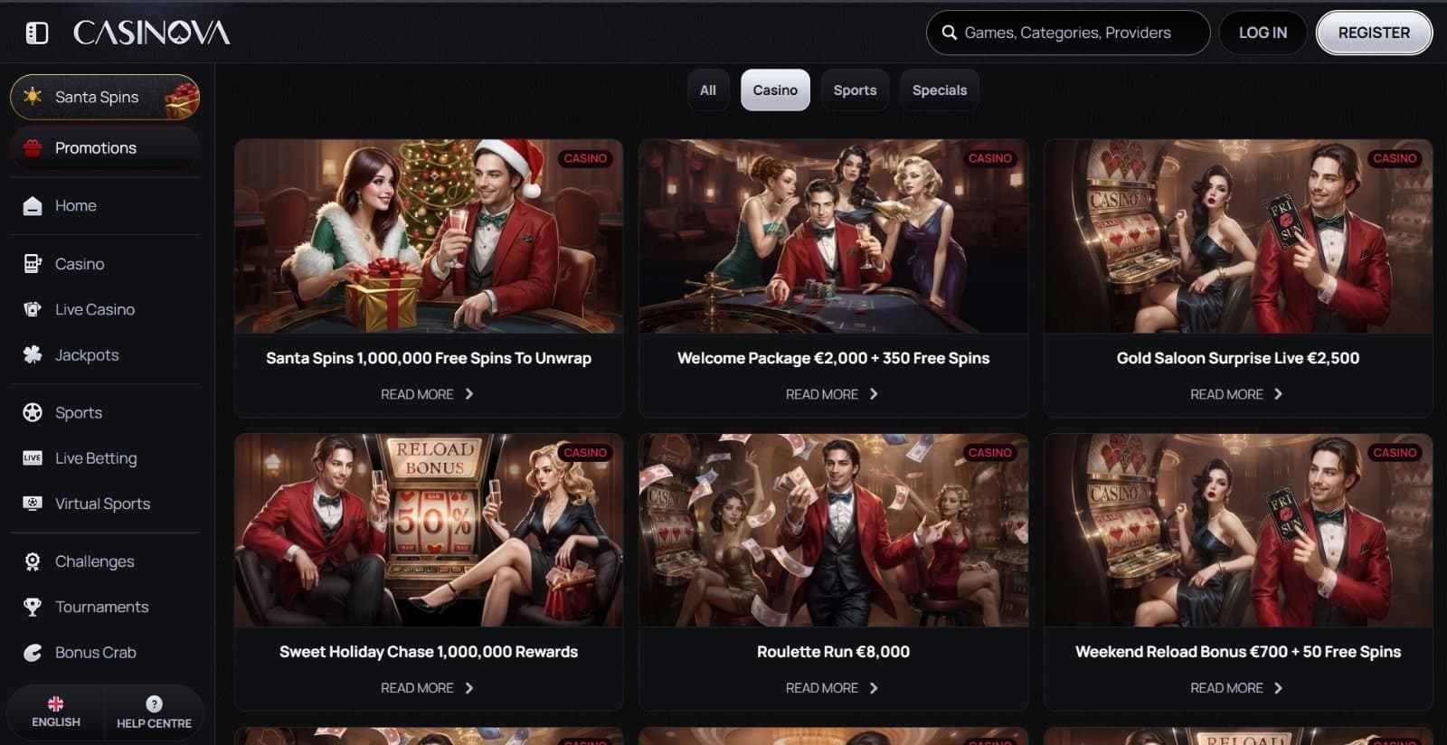 Casinova Casino promotions page with the welcome pack, live roulette, weekend reload, cashback, and many other seasonal and ongoing promotions