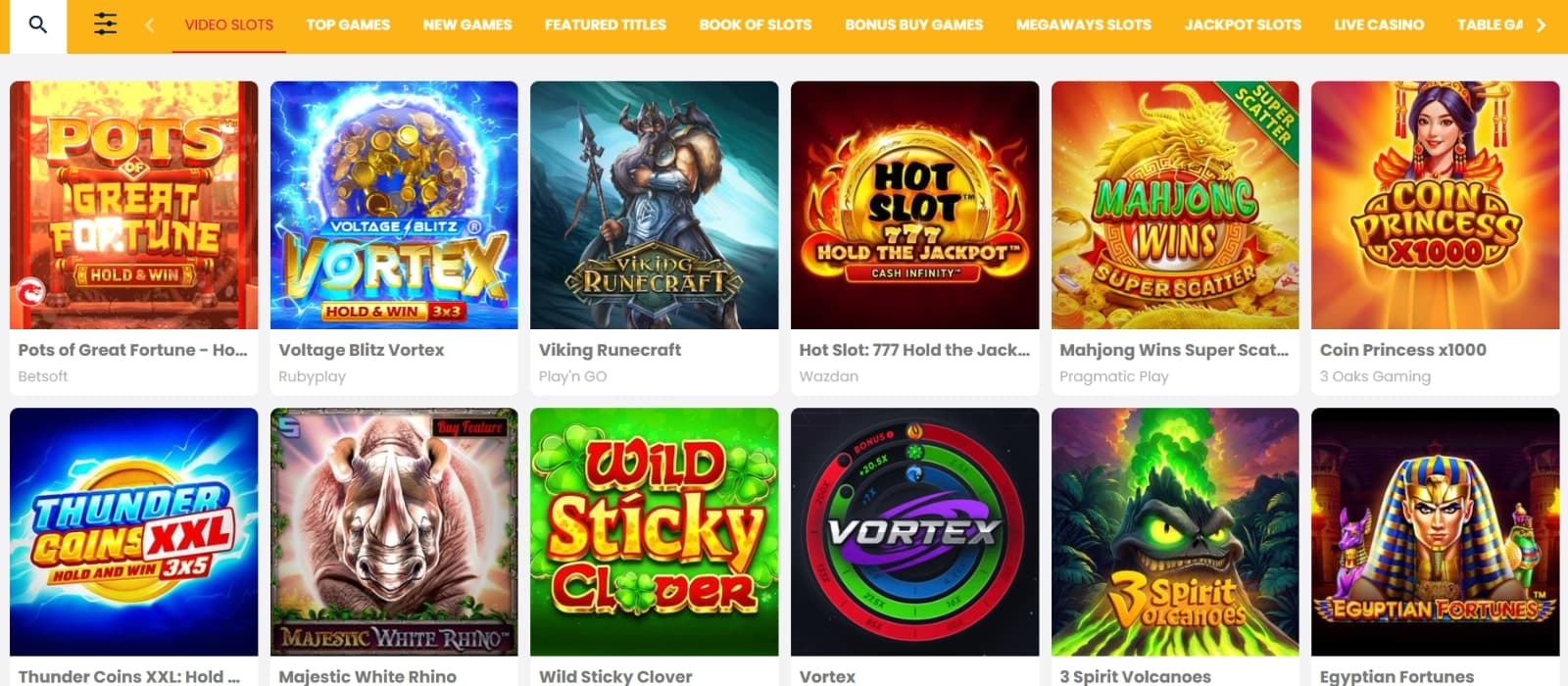CasinoWinBig games page displaying video slots like Thunder Coins Xl, Coin Princess and Pots of great Fortune 