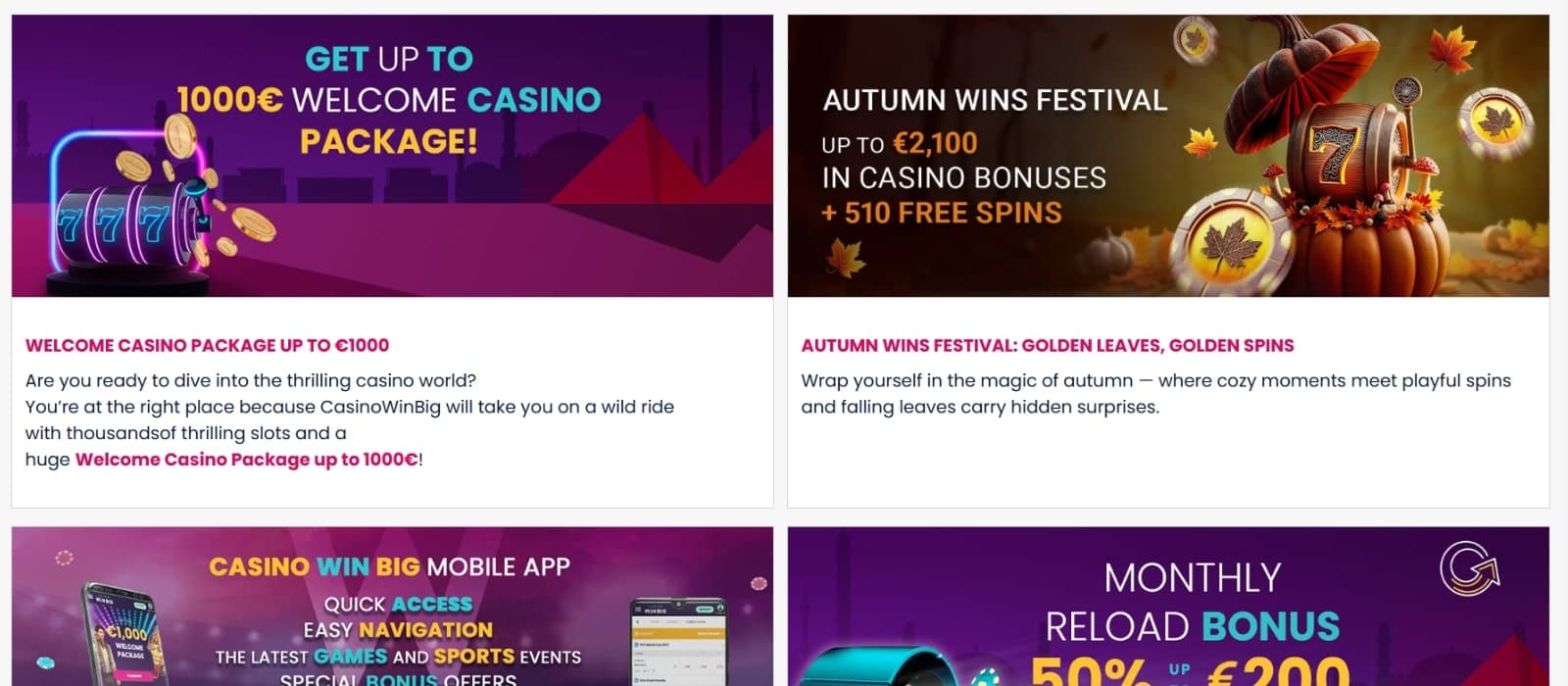 CasinoWinBig promotions page listing the welcome bonus offer of 1000 euro, the seasonal casino bonus, and monthly reload bonuses