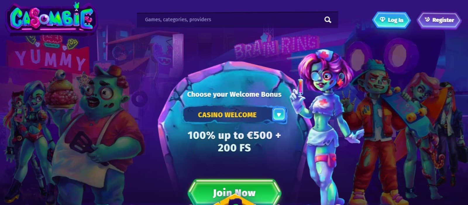 Casombie Casino's homepage, showing the welcome bonus surrounded by zombie game avatars.