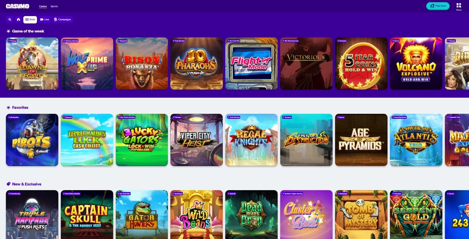 Casumo SE Casino games page listing slots such as Pirots 4 and  3 lucky Gators