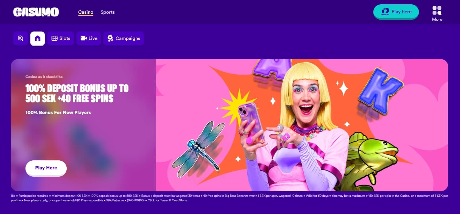 Casumo SE Casino landing page featuring the 100% welcome bonus of 500 sek over image of pink and purple girl
