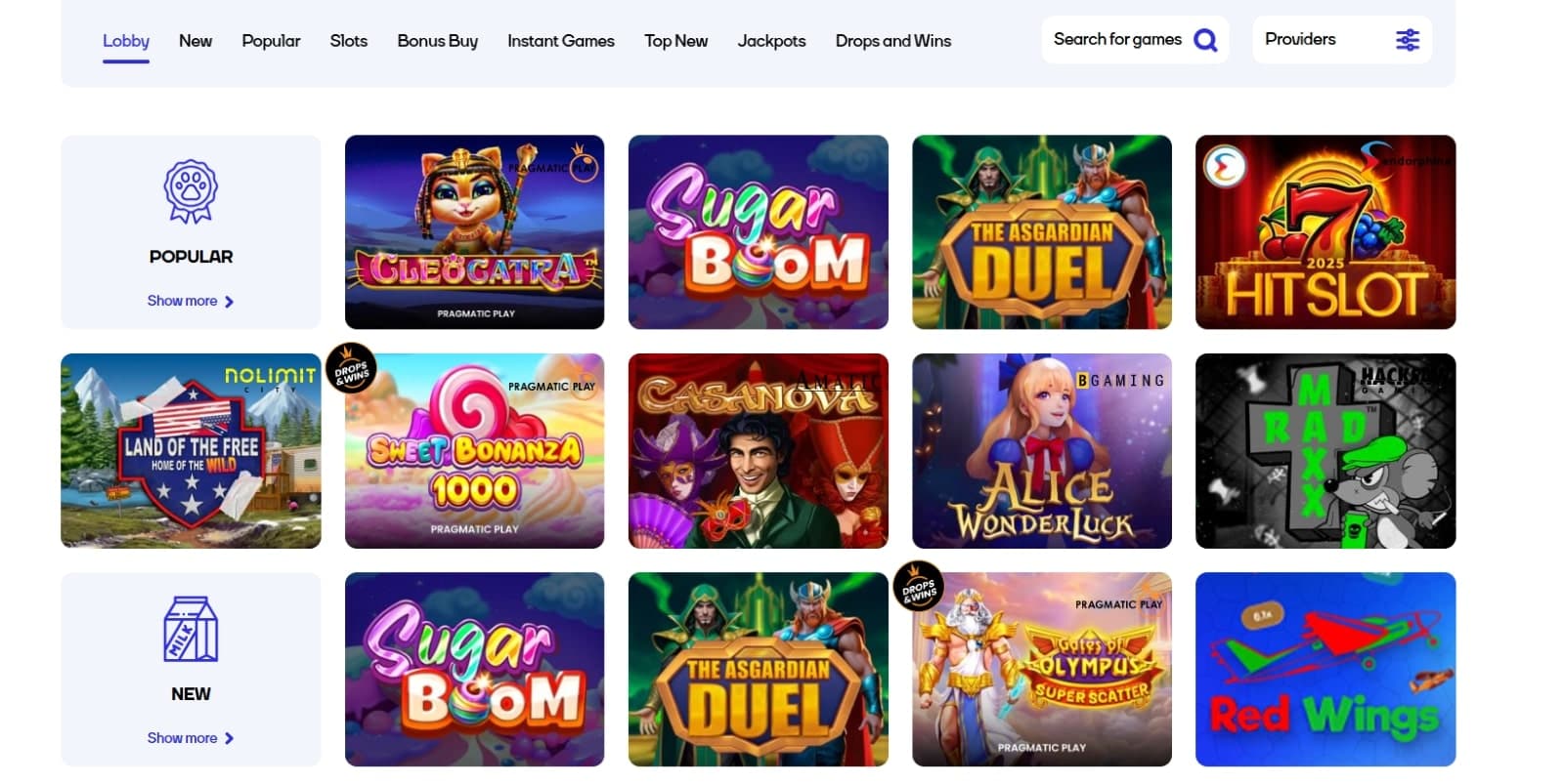 CatCasino games page with the most popular slot titles such as Cleocatra, Sugar Boom