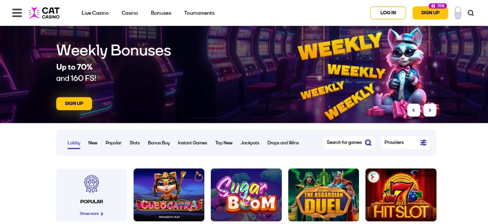 CatCasino landing page with weekly bonuses on cat and slot machine image 