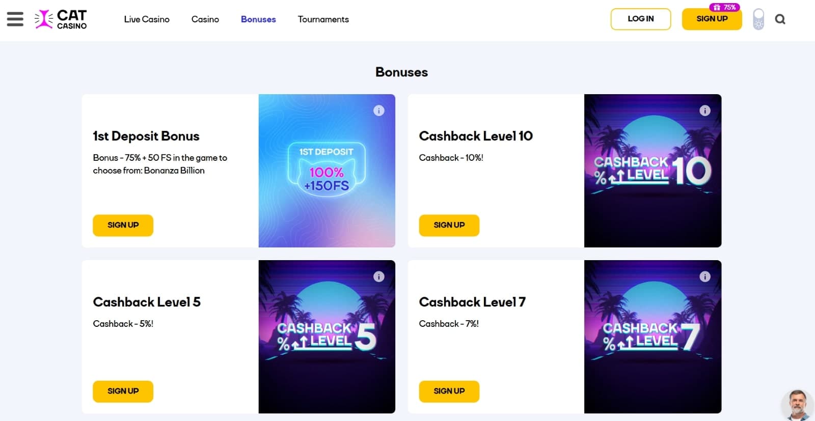 CatCasino promotions page with 1st deposit bonus and cashback levels  