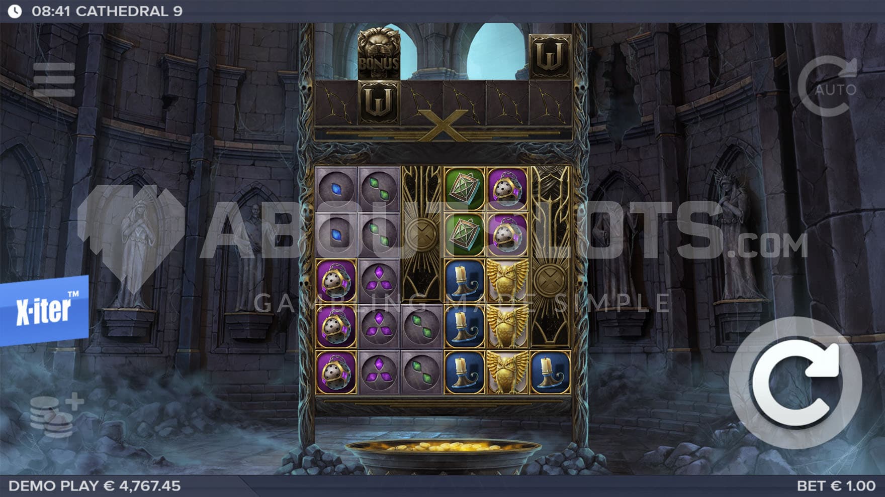 Base Game view of a 5x6 grid on a backdrop of a solemn, dark, cathedral.