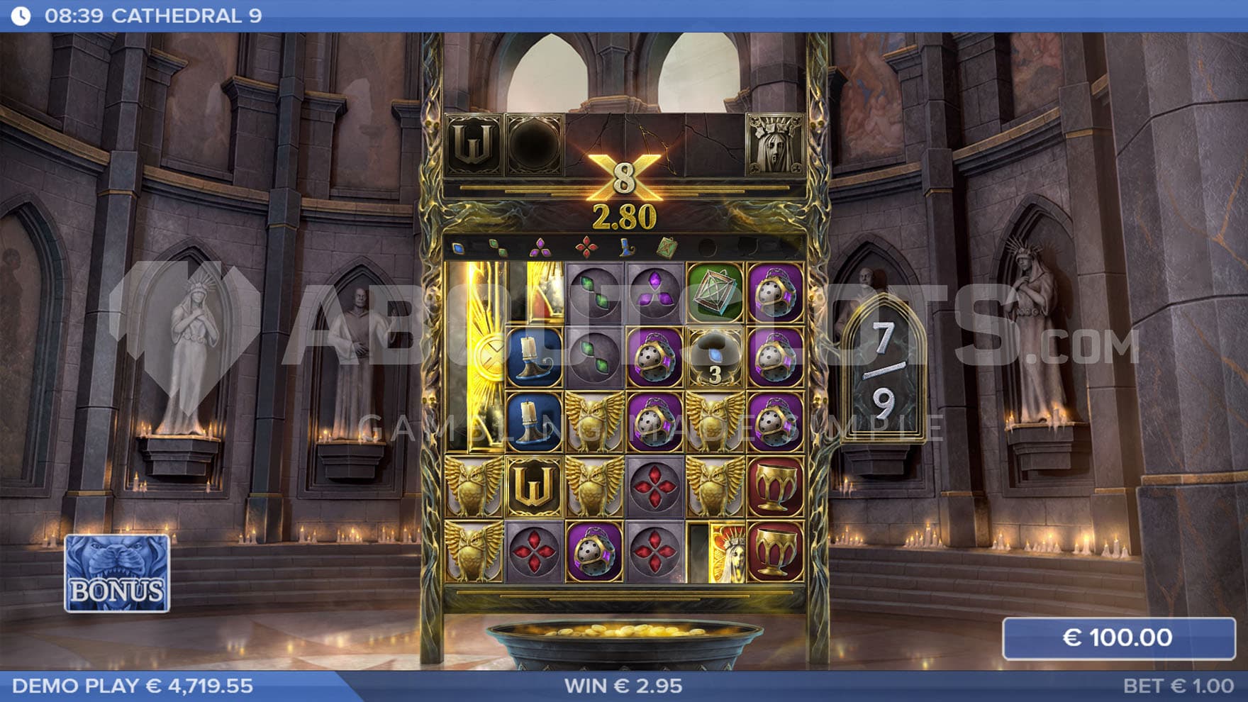 Bonus Game in progress, showing a total multiplier of x8 and 3 Mystery Coffin symbols in the process of revealing matching symbols.