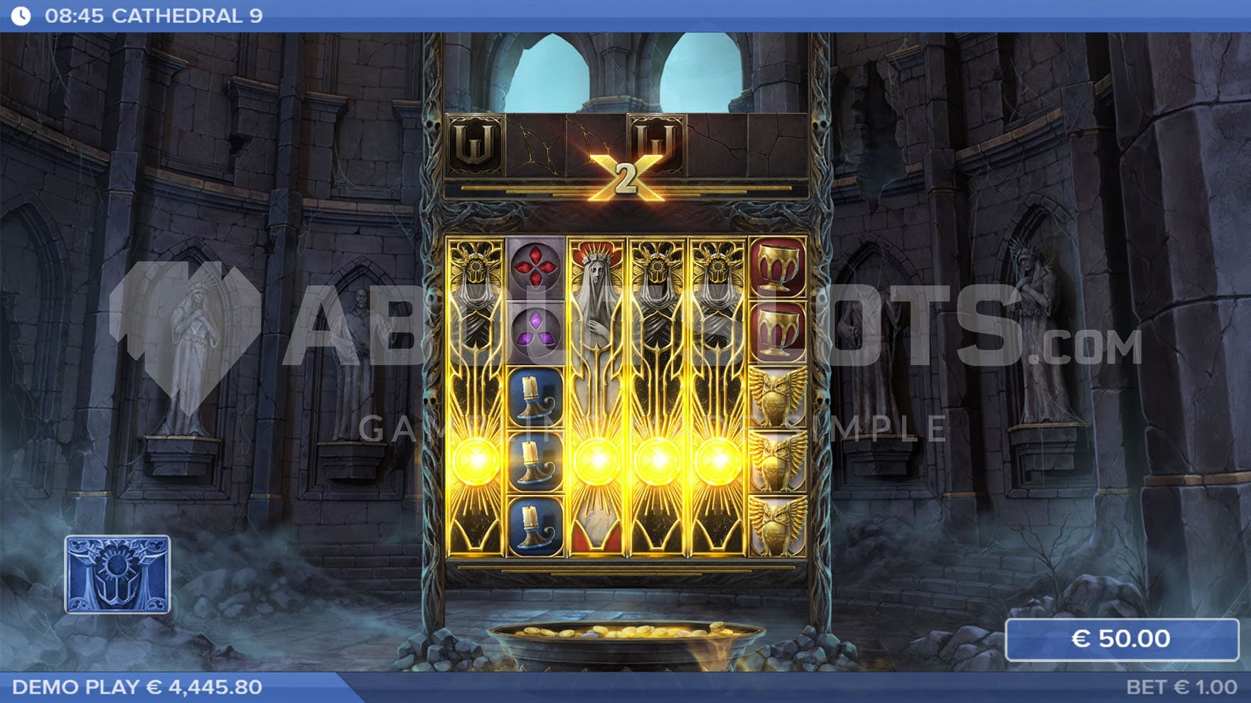 Mystery Coffin feature triggered in the base game, showing 4 stacked Mystery Coffins on reels 1, 3, 4, and 5.