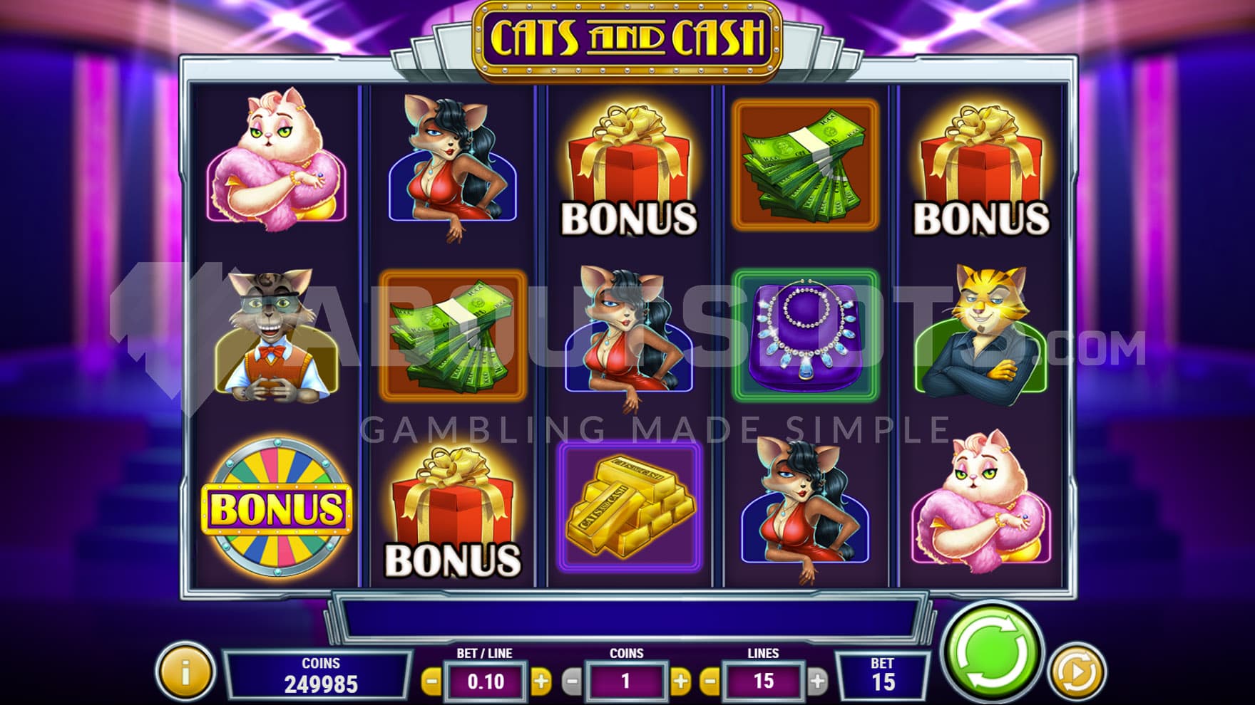 Base Game view of a 5x3 grid on a backdrop of a dance club.