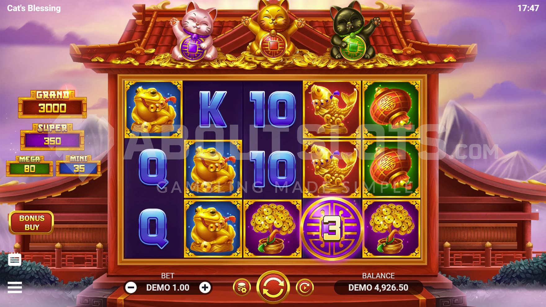 Base Game view of a 5x3 grid on a backdrop of a Chinese temple between mountains.