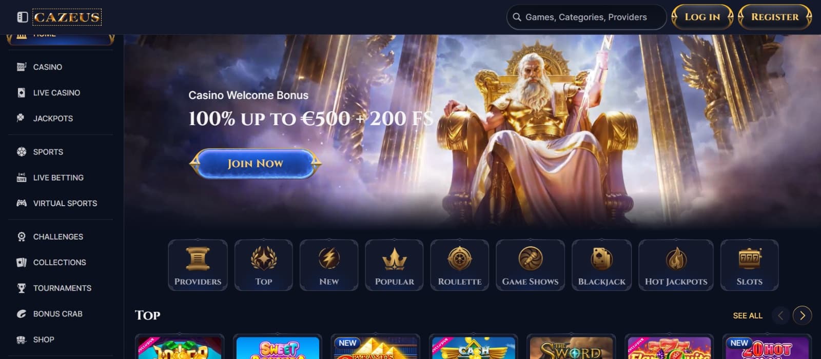 Cazeus Casino landing page with 100% up to 500 eur bonus over banner with Zeus sitting on throne