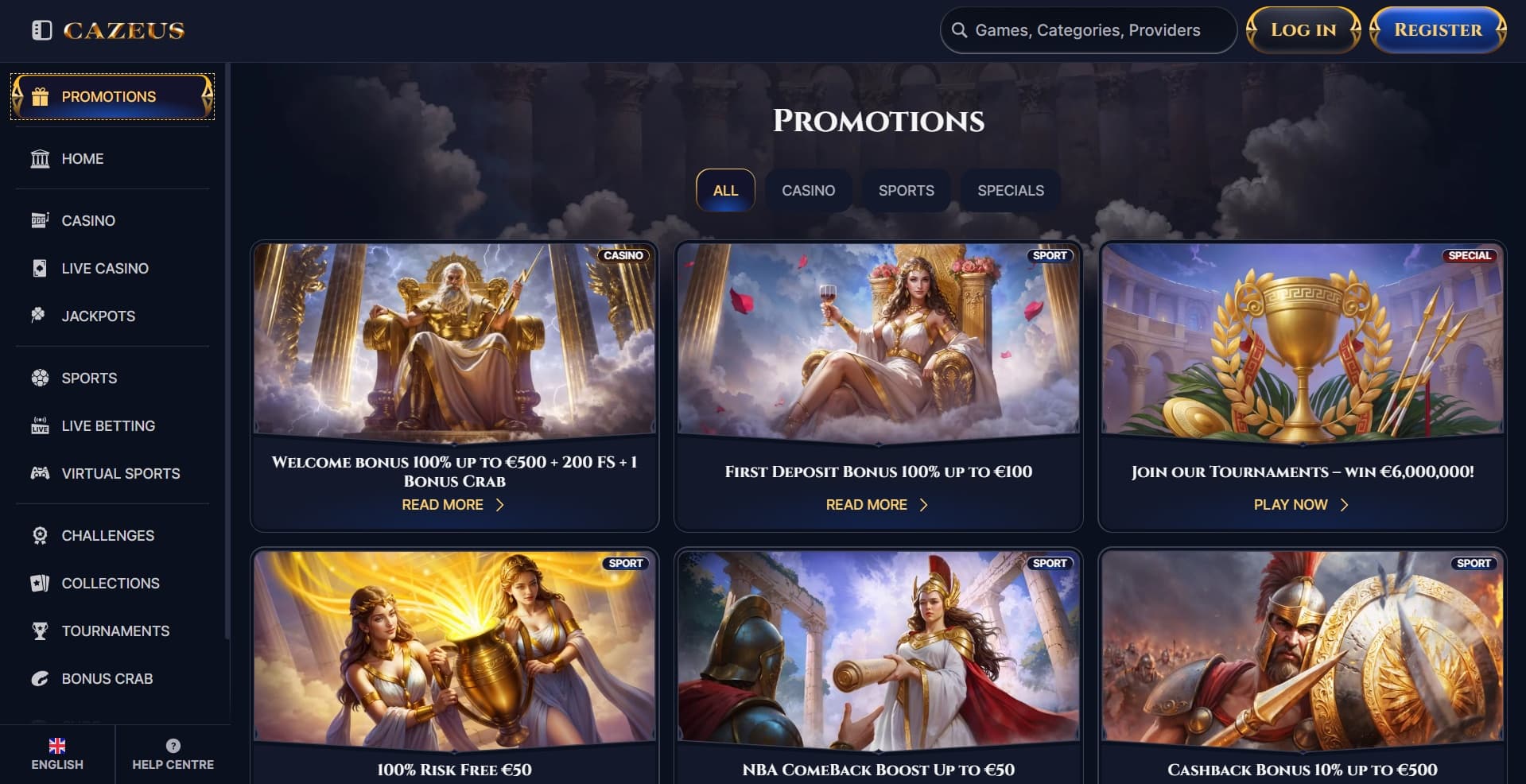 Cazeus Casino promotions page with all bonus offers with images of Greek Gods