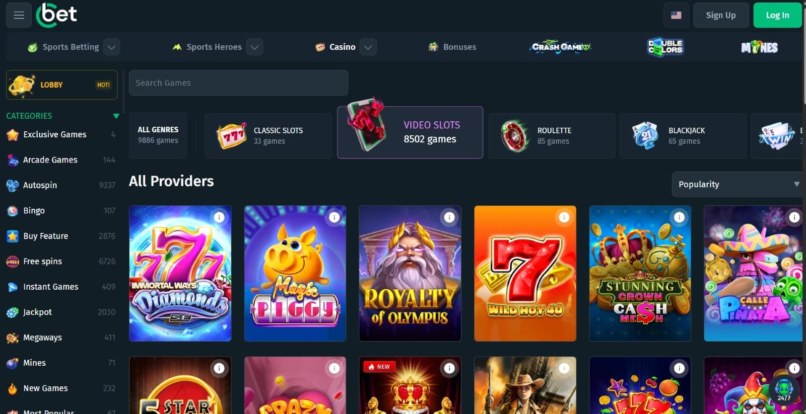 Cbet Casino games page featuring video slot games under top category tabs and search filter