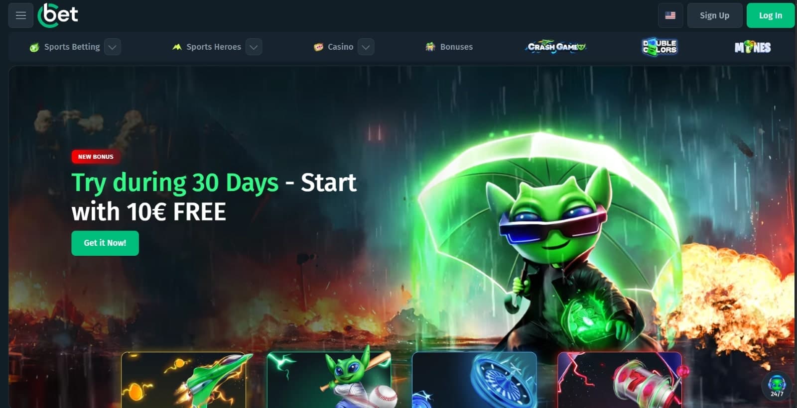 Cbet Casino landing page featuring 10 euro free bonus with image of Alien character with umbrella