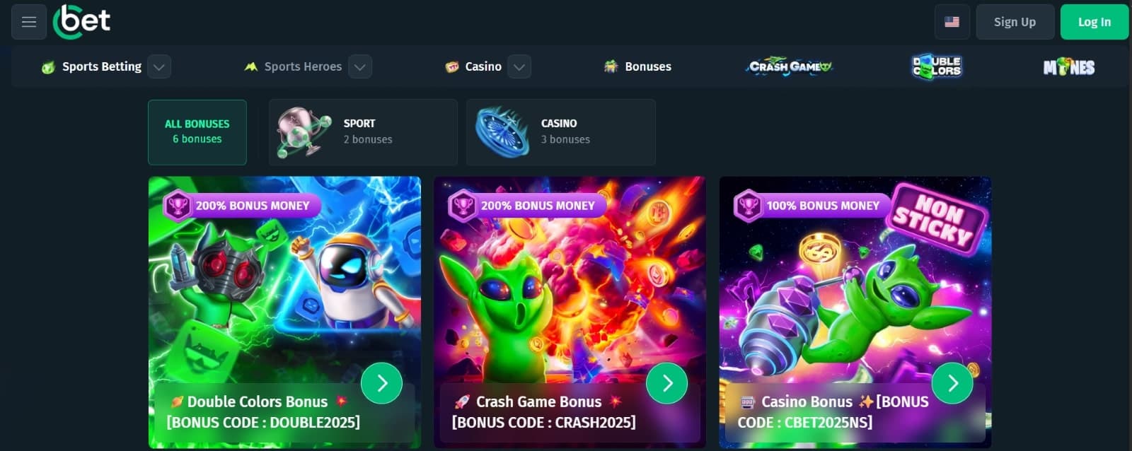 Cbet Casino promotions page with the three one  time bonuses of 200% up to 400 euros