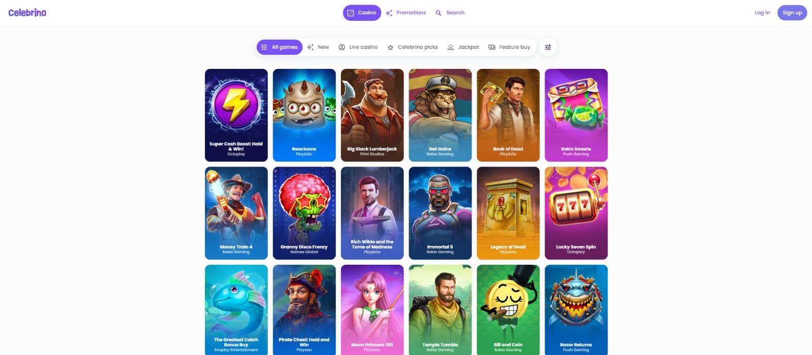 Celebrino Casino games page showing the different game categories and a selection of slots
