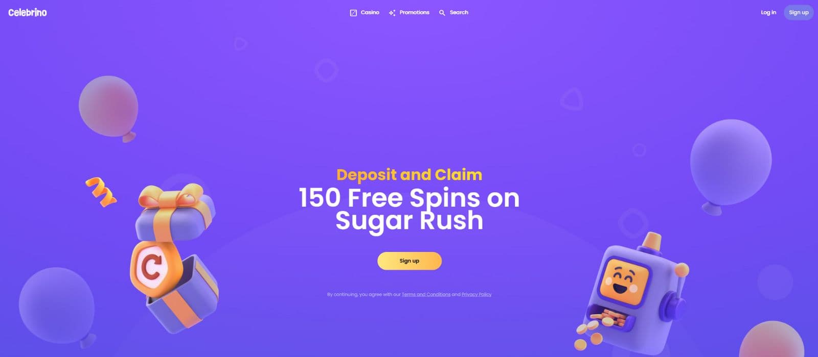 Celebrino landing page showing the welcome bonus offer and the main menu on top