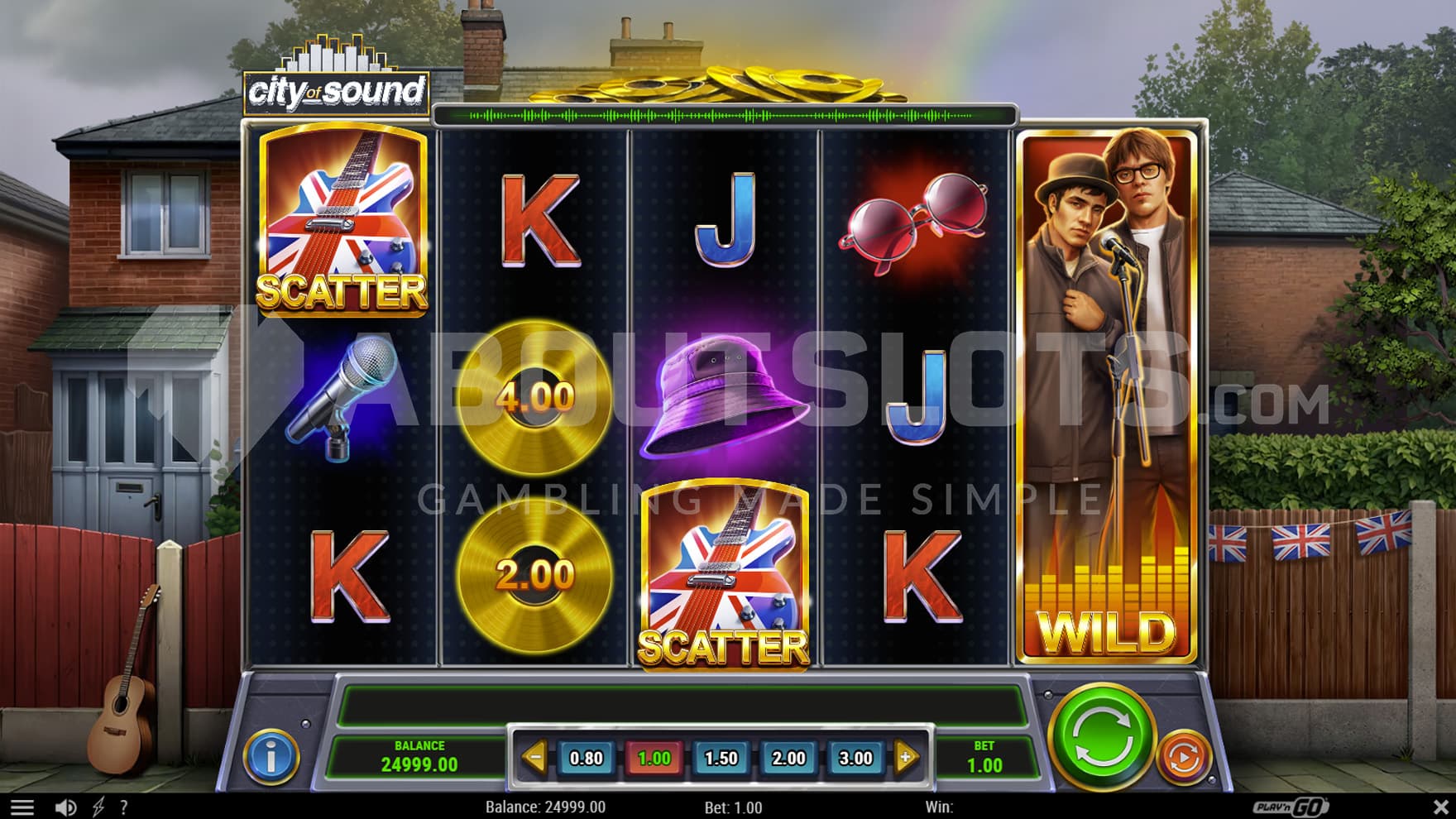 Base Game view of a 5x3 grid on a backdrop of a British suburb.