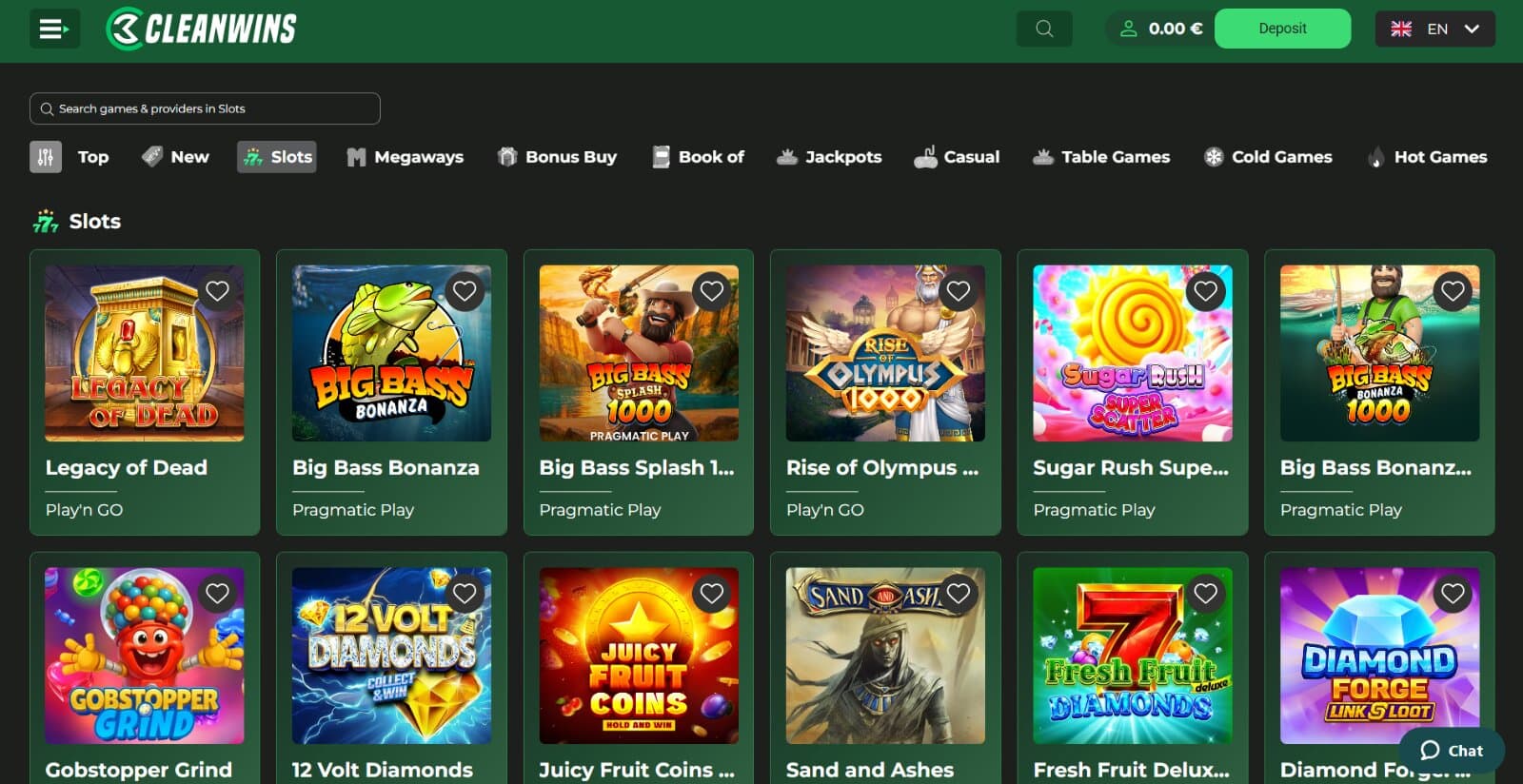 CleanWins Casino games page featuring the slot selection with respective icons under sorting category tabs and filters