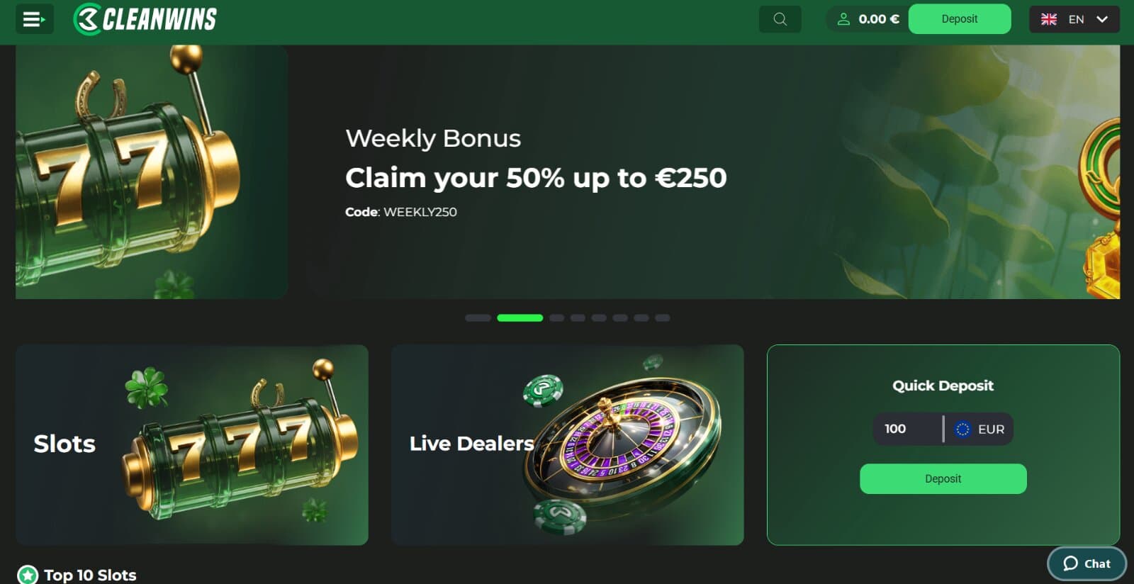 CleanWins Casino landing page with bonus image slider and slot, live dealer and quick deposit subsections, followed by top 10 slot section