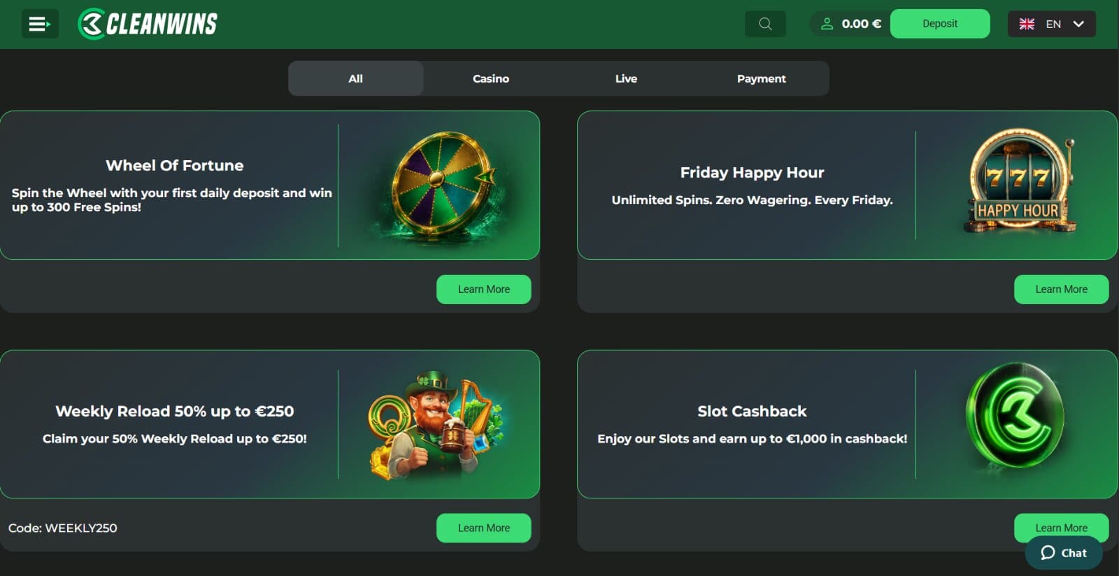 CleanWins Casino promotions page featuring the free spin reload bonus, slot cashback, weekly match deposit bonus, and other casino bonuses