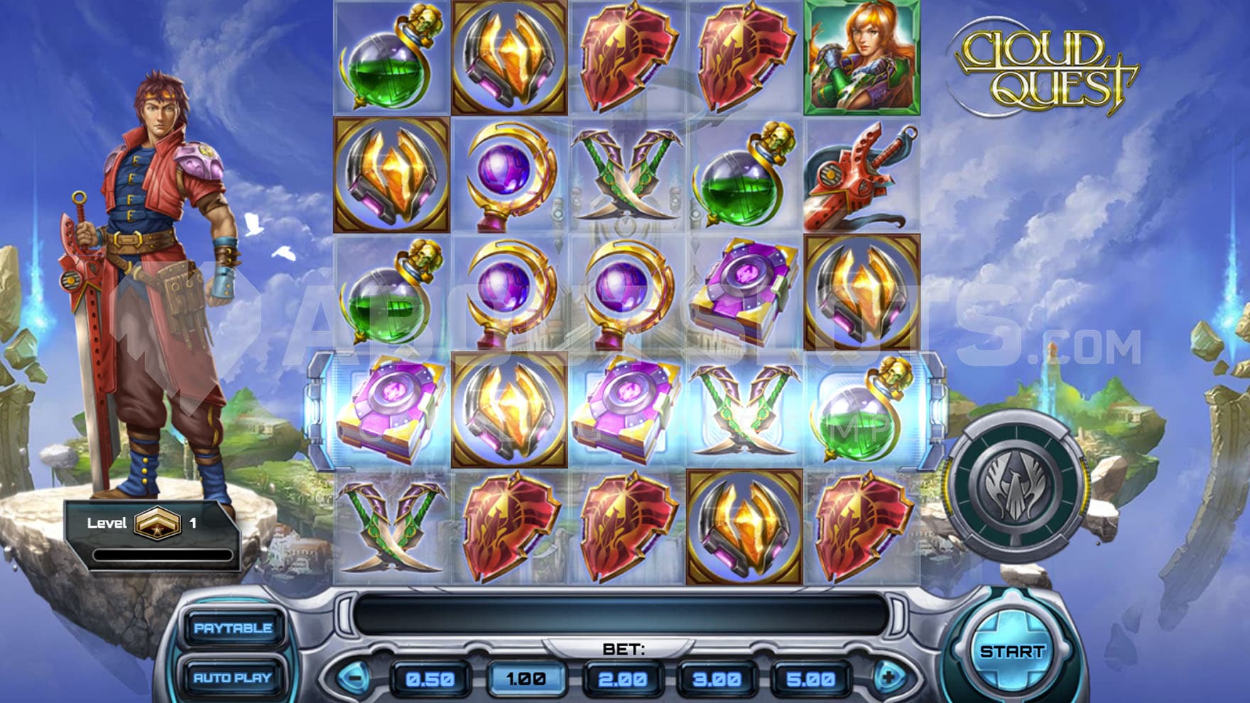 Base Game view of a 5x5 grid on a backdrop of an island floating in the sky, with a warrior standing on the left.