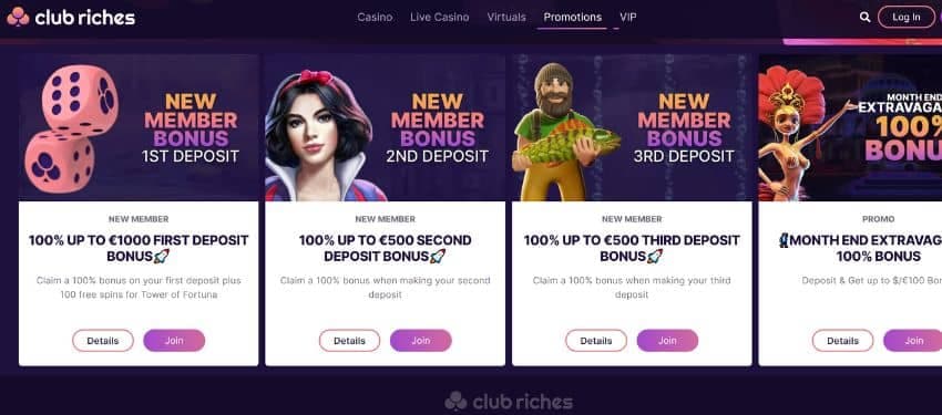Club Riches promotion page showing thumbnails with animated images and information on casino bonus 