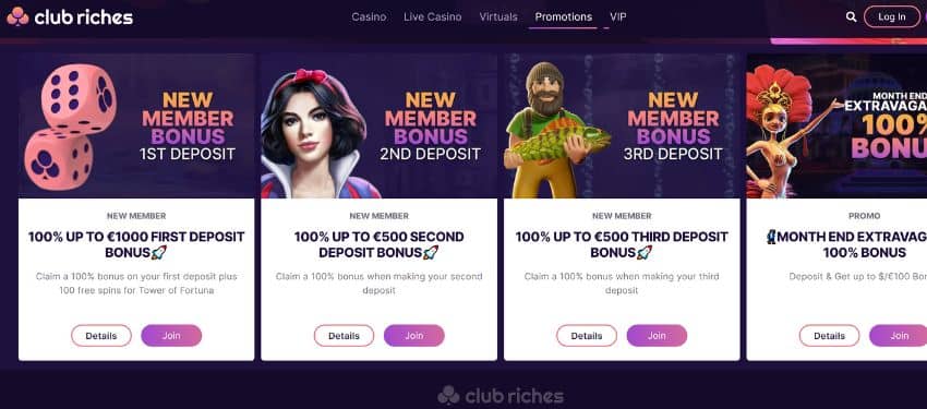 Club Riches promotion page showing thumbnails with animated images and information on casino bonus 