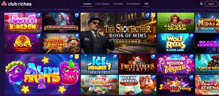 some thumbnails with animated images in the club riches slot games section