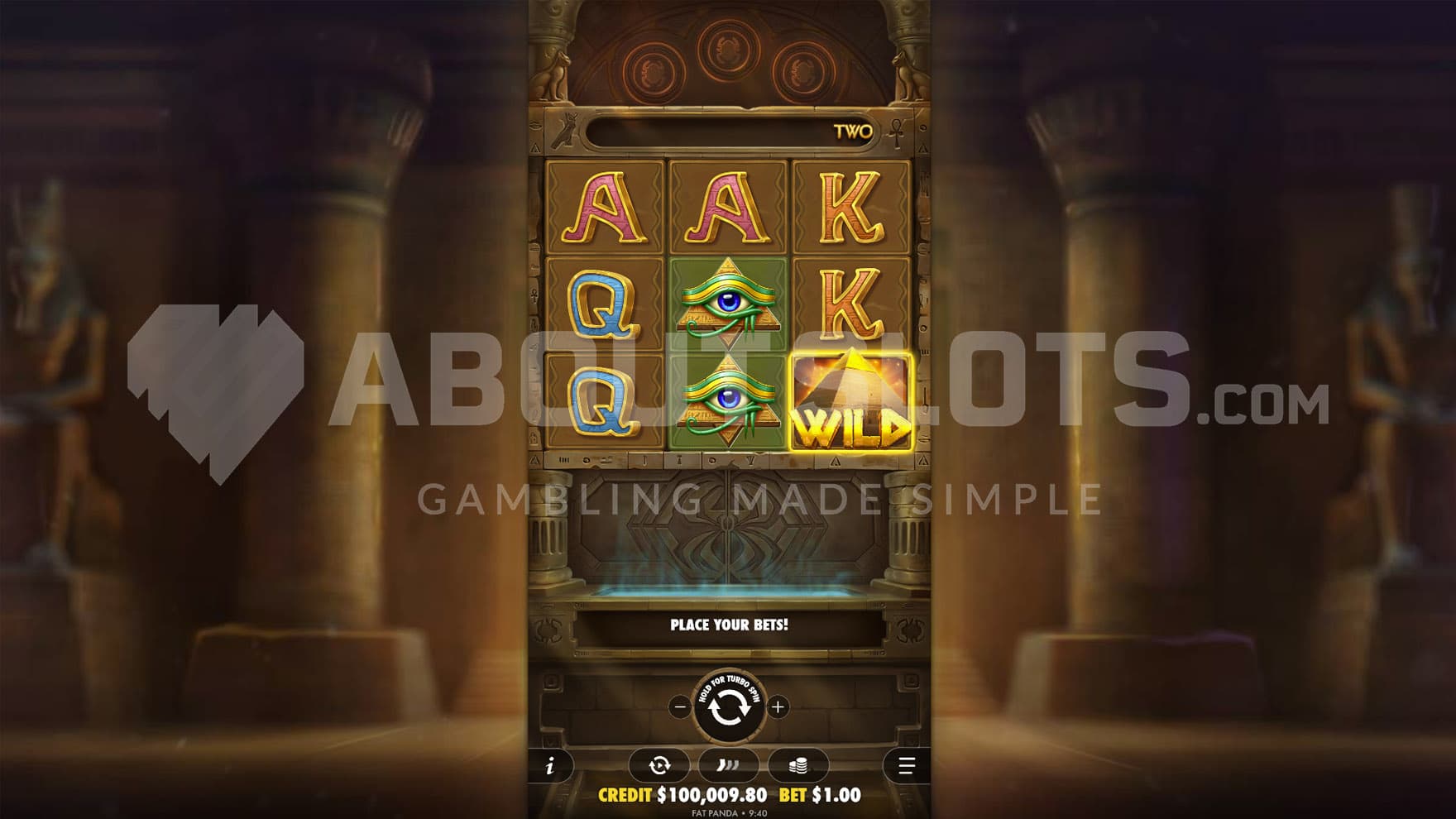 Base Game view of a 3x3 grid in a mobile-portrait viewport on a backdrop of an interior of an Ancient Egyptian tomb.