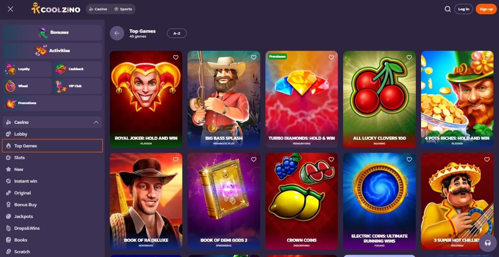 Coolzino Casino games page with the slot game icons and side navigational panel