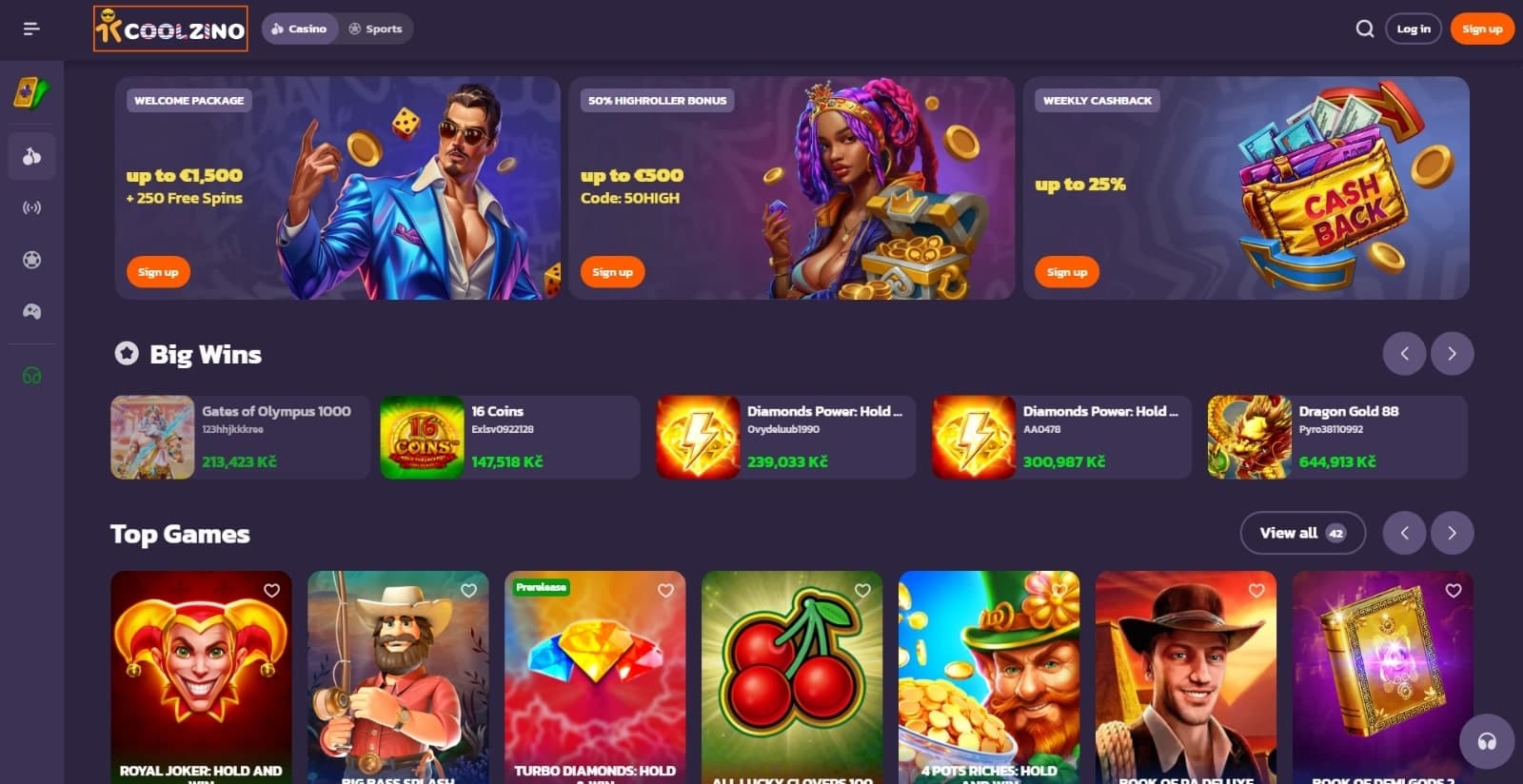 Coolzino Casino landing page with the bonus offer banners, game icons and side navigation options