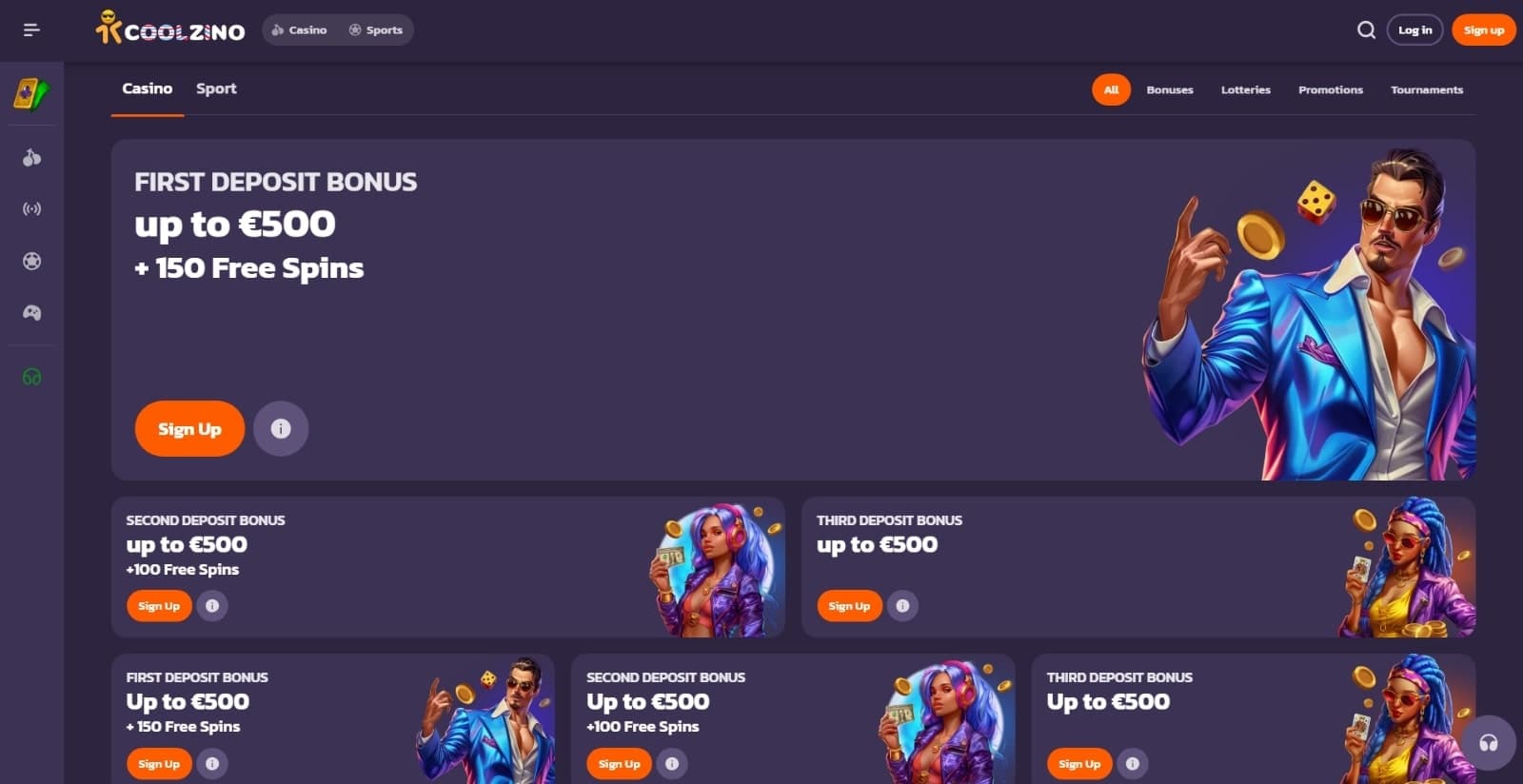 Coolzino Casino promotions page with the welcome bonus package banners and navigational panel