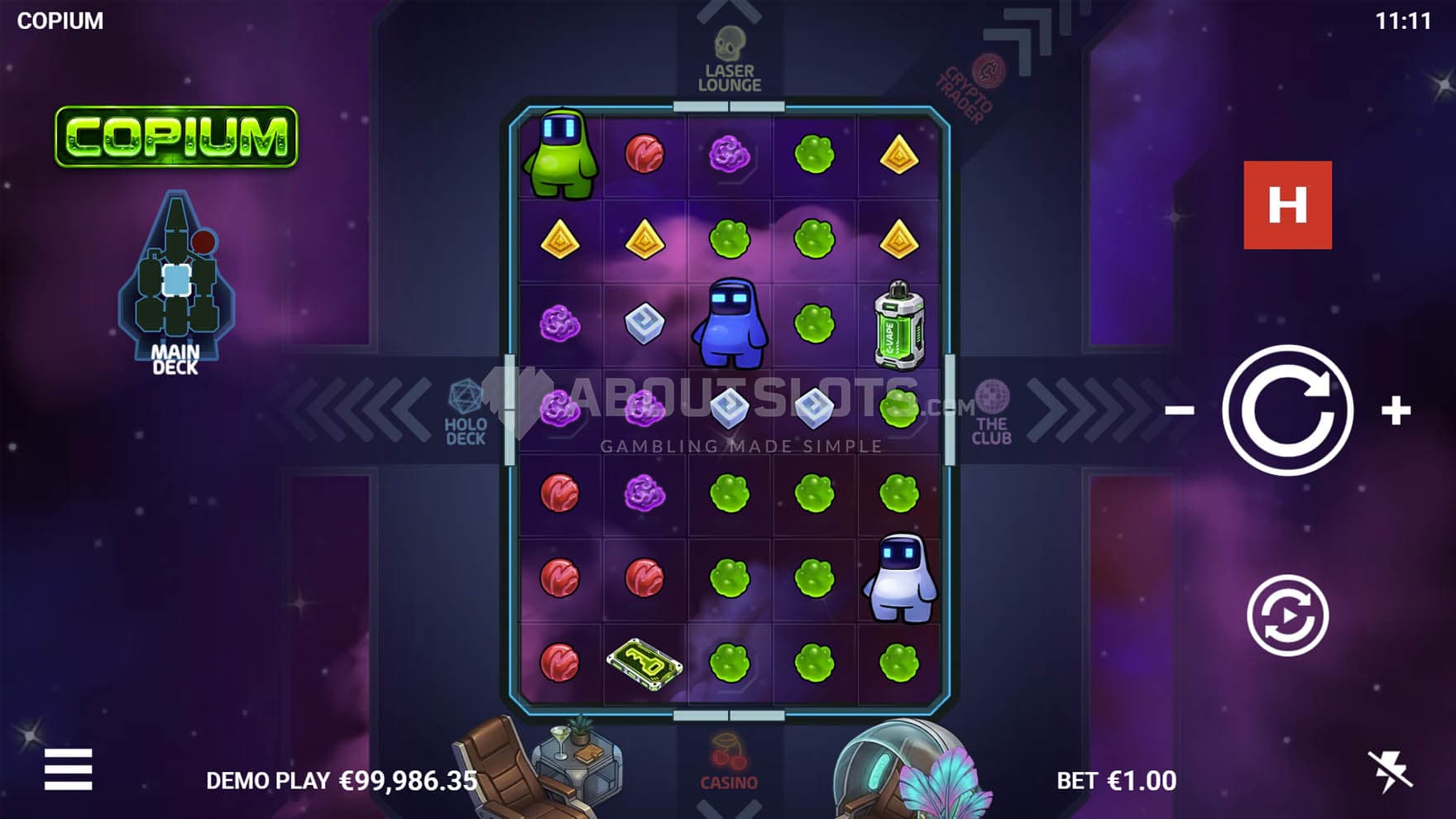 Screenshot of the base game, showing a 5x7 grid on a bacdkrop of outer space. 