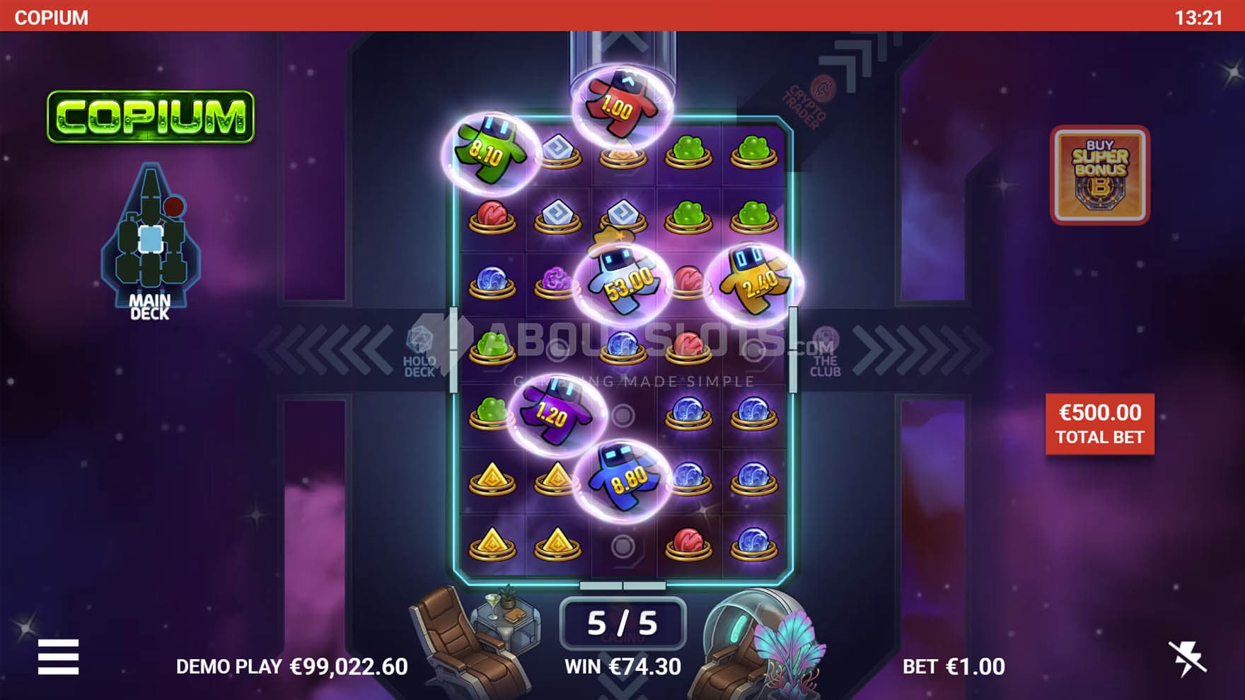 Screenshot of the Bonus Game in progress, showing characters during a Zero Gravity feature.