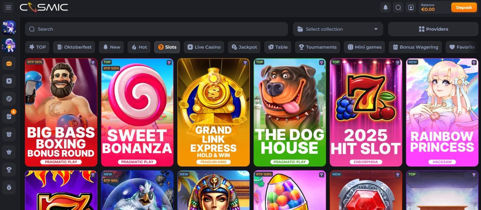 Cosmic Slot Casino games page featuring slot titles sucj as Big Bass Boxing, Sweet Bonanza, The Dog House, Rainbow Princess and many others