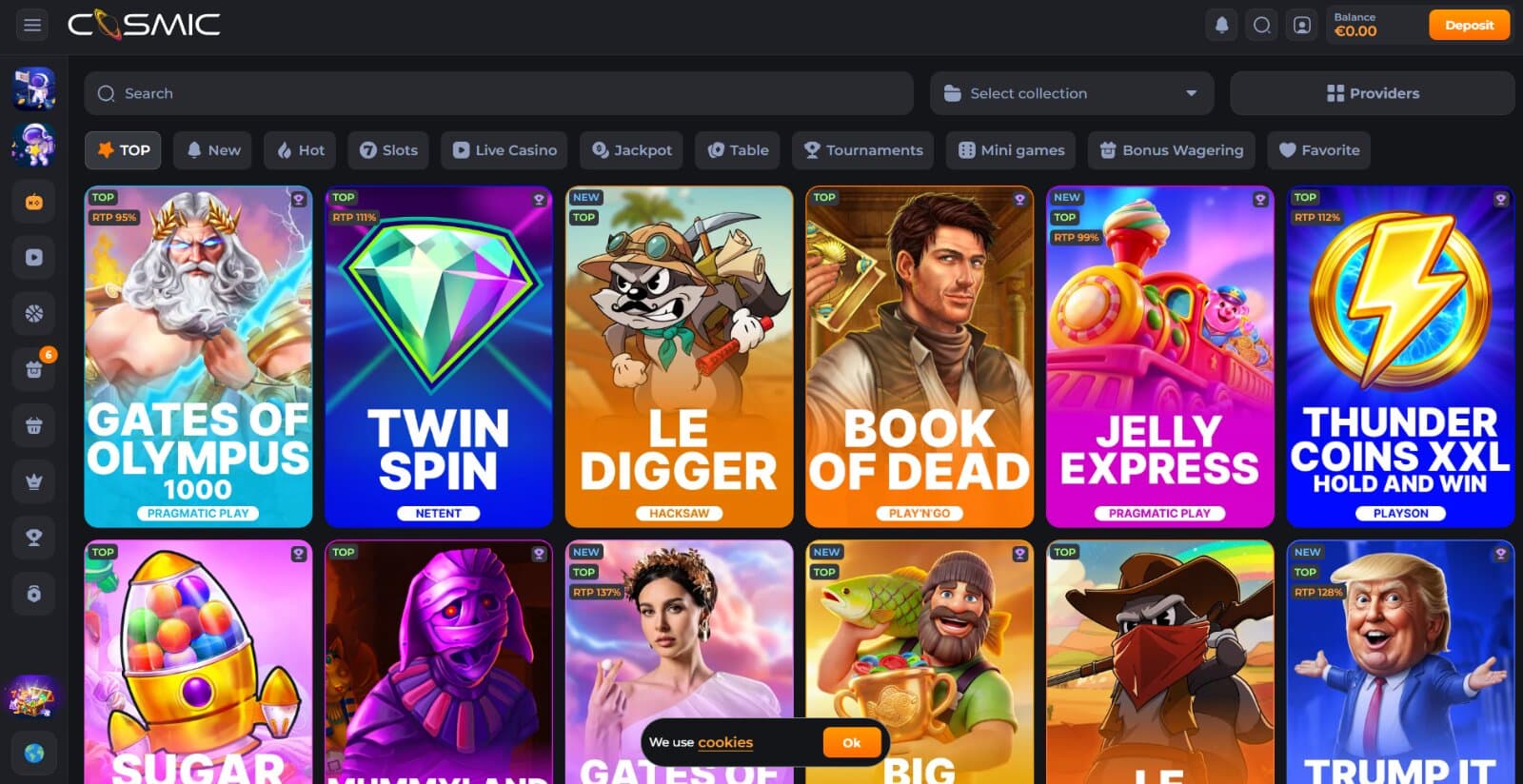 CosmicSlot Casino's games page featuring the slot icons main navigational tabs and next to side menuunder