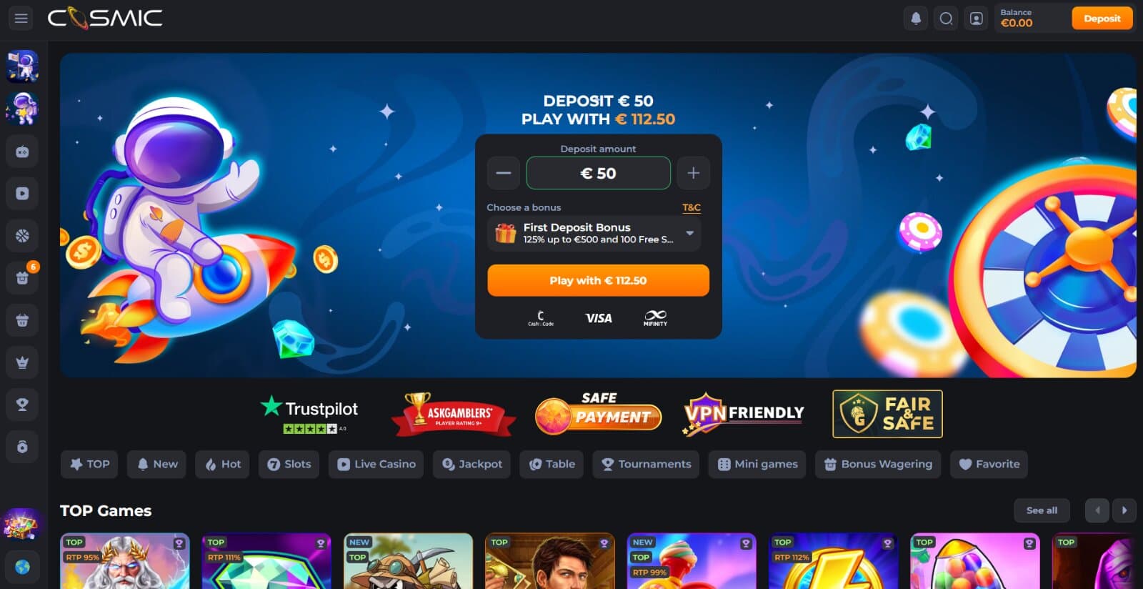 CosmicSlot Casino's landing page featuring the deposit form for the welcome bonus over image of astronaut cartoon