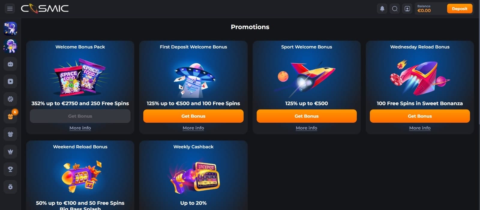 Cosmic Slot Casino promotions page featuring the 325% welcome package, reload bonuses, sports bonus, and cashback 