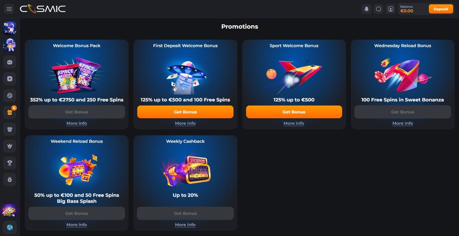 CosmicSlot Casino's promotions page featuring the welcome offers for casino and sports, the weekly and weekend reload bonuses, and cashback bonus with their respective banners