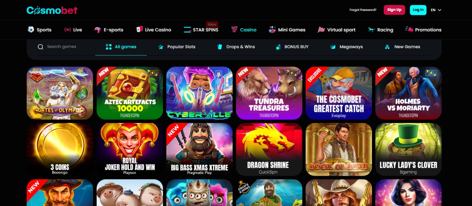 Cosmobet Casino games page with Book of dead , Cyber Ville titles