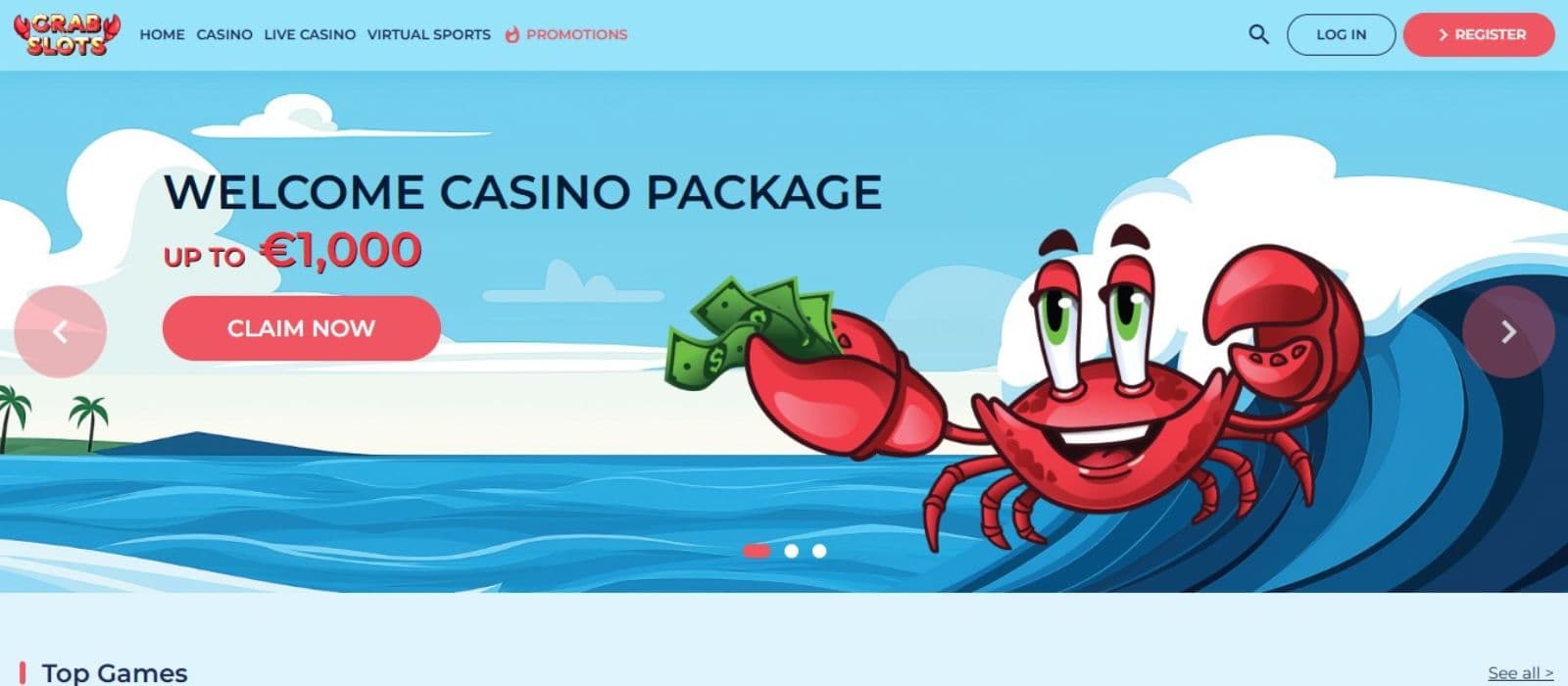 Crab Slots Casino's homepage, showing the welcome package worth up to €1,000