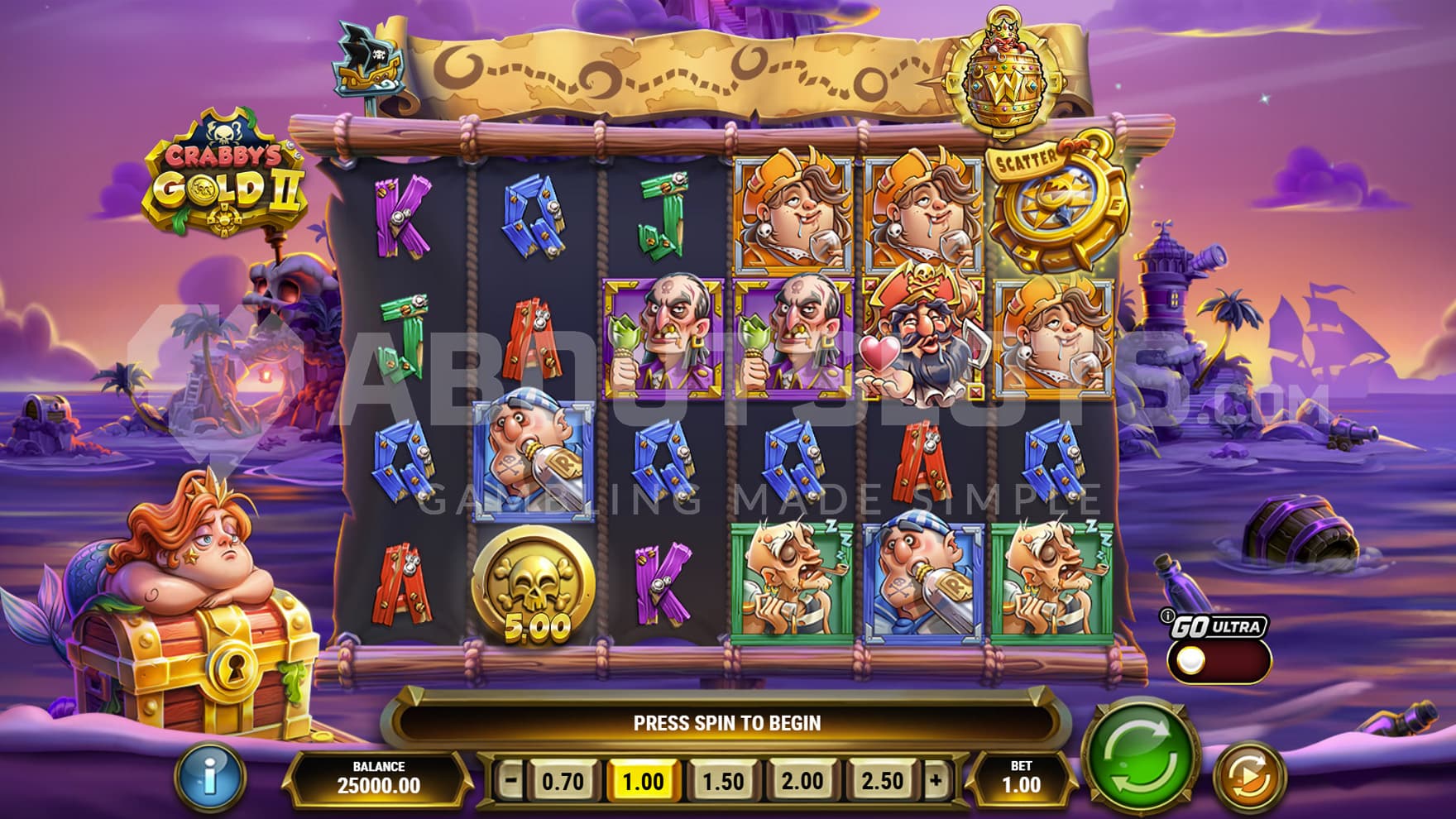 Base Game view of a 6x4 grid on a backdrop of a mysterious island in the middle of an ocean.