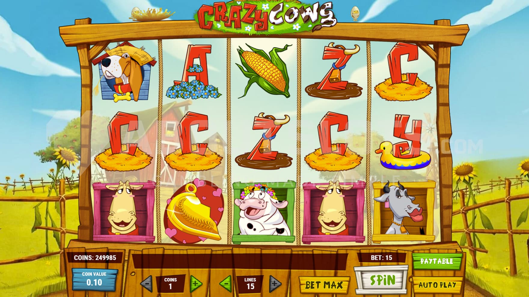 Base Game view of a 5x3 grid on a cartoony backdrop depicting a countryside.