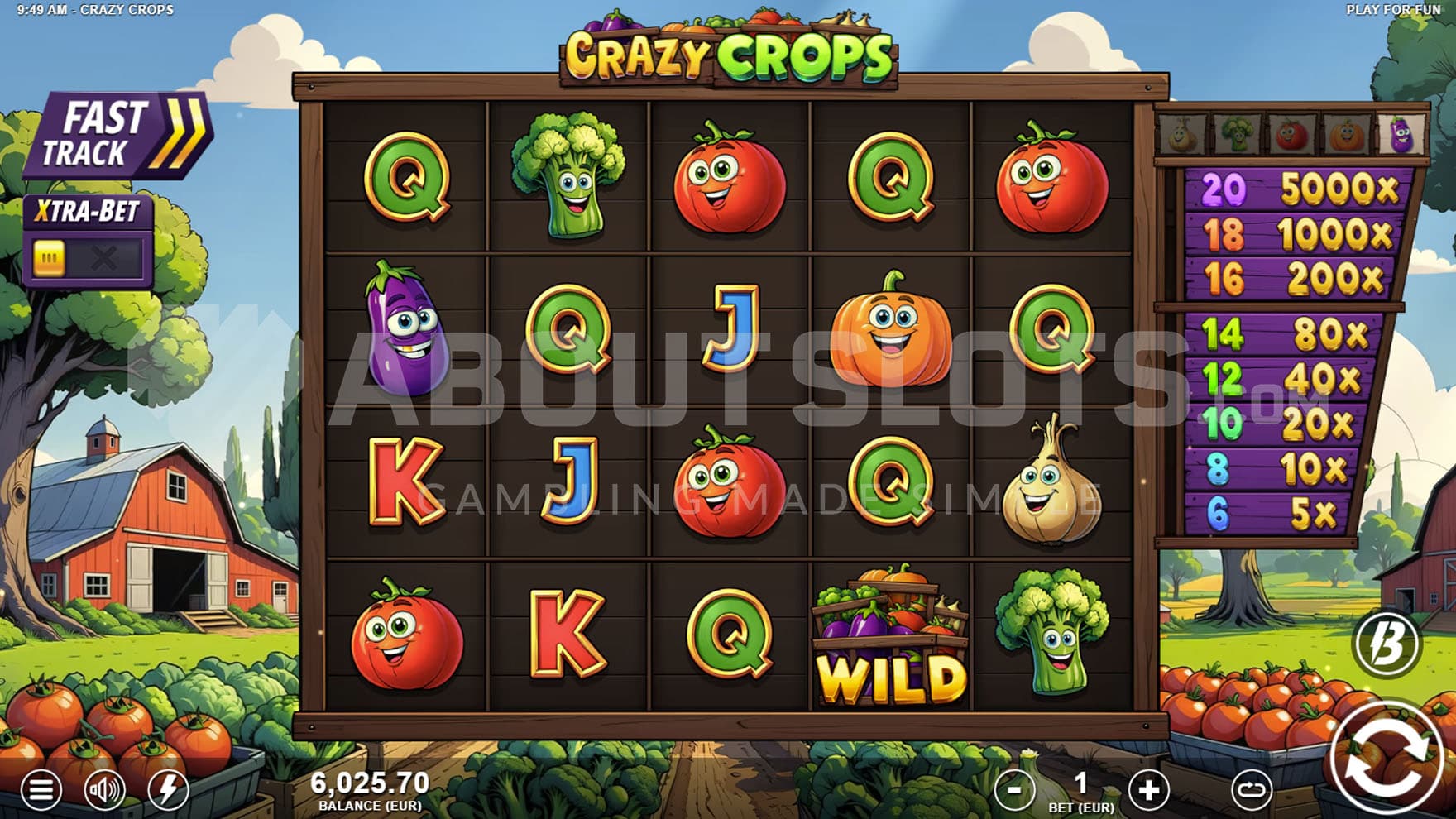 Base Game view of a 5x4 grid on a backdrop of a rural farm.